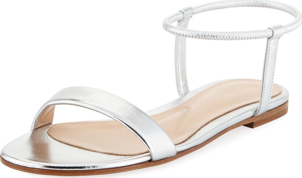 Gianvito Rossi Flat Metallic Leather Ankle-Wrap Sandals