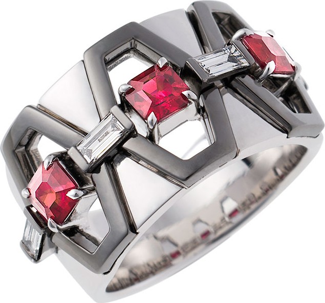 Nikos Koulis 18k White Gold Fame Ruby/Diamond Cigar Band Ring