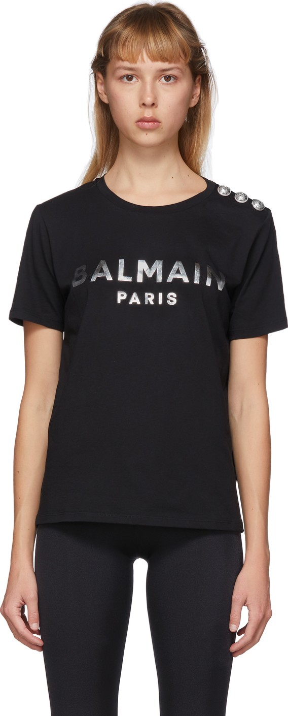 Balmain Black & Silver 3-Button Metallic Logo T-Shirt