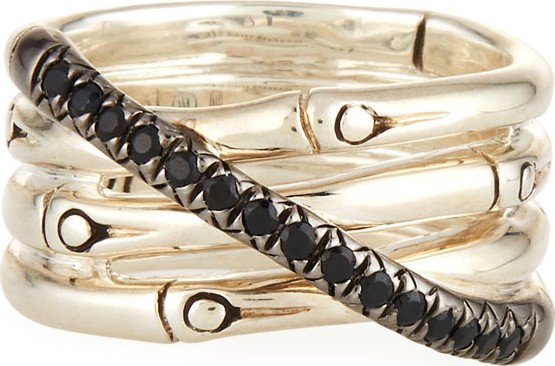 John Hardy Bamboo Silver Band Ring w/ Black Pave