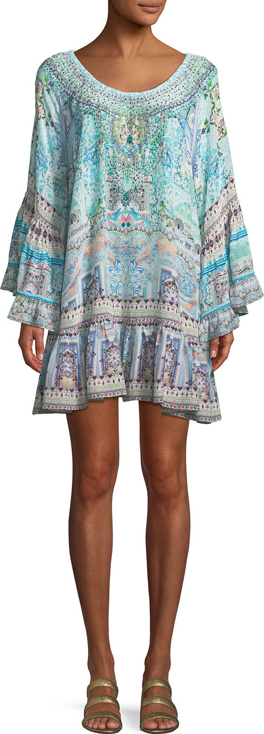 Camilla Embellished Bell-Sleeve A-Line Frill Mini Dress