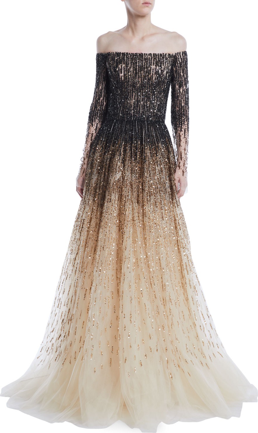 Pamella Roland Off-the-Shoulder Ombre Sequin & Crystal-Beaded Tulle Ball Gown
