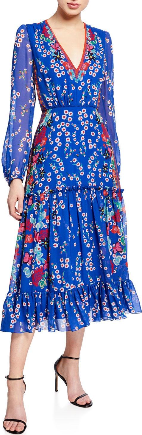 Saloni Devon Floral-Print Long-Sleeve Tiered Dress