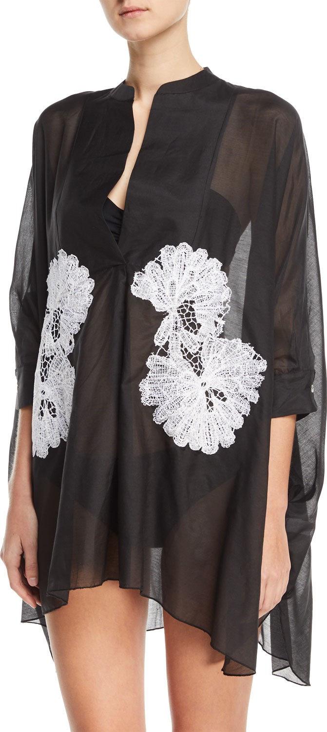 LILA.EUGENIE Split-Neck 3/4-Sleeve Voile Kaftan with Lace, One Size