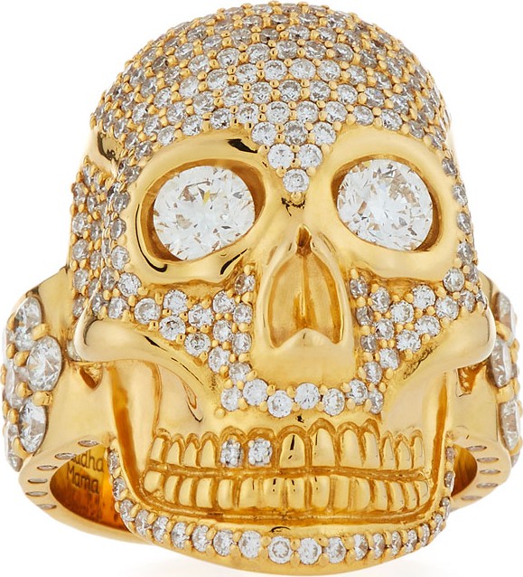 Buddha Mama 20k Gold & Diamond Skull Ring, Size 8.5