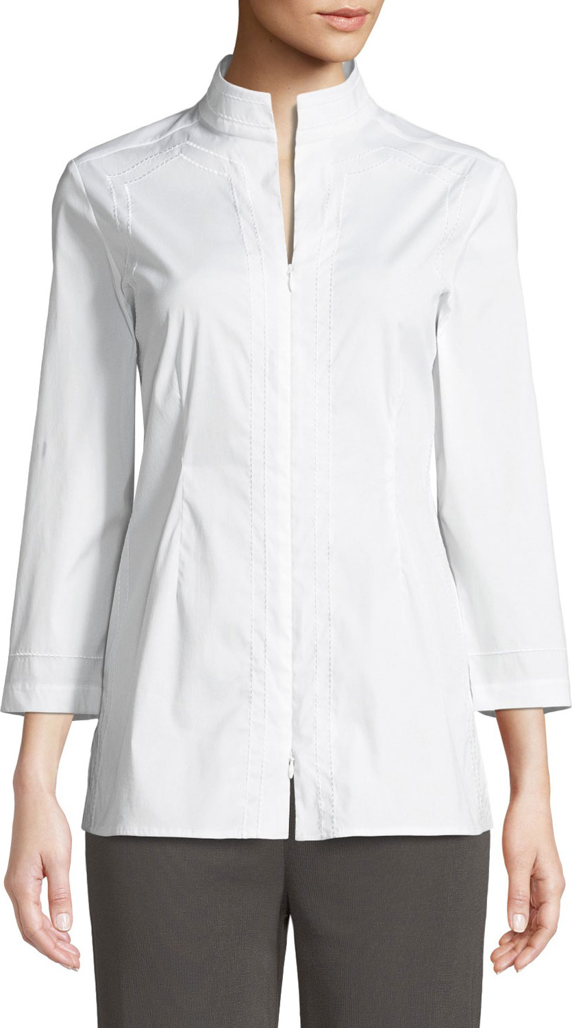 Misook Funnel-Neck Zip-Front Embroidered Blouse