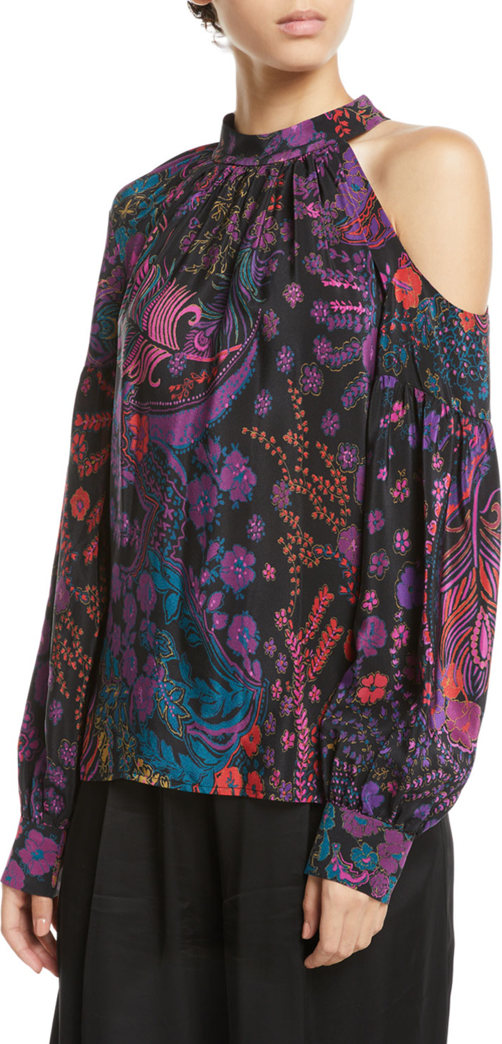 Josie by Natori Cold-Shoulder Floral-Print Silk Top