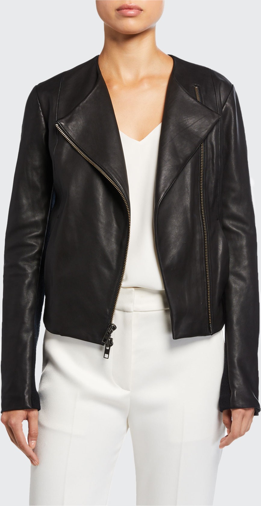 Vince Rib Panel Leather Moto Jacket