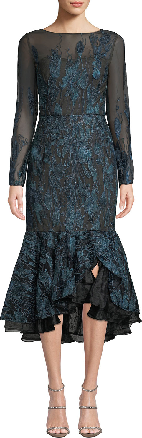 David Meister Long-Sleeve Metallic Embroidered Ruffle-Hem Dress