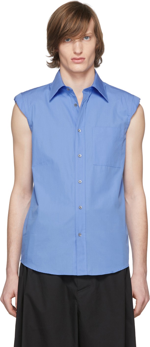 Dries Van Noten Blue Sleeveless Shoulder Pad Shirt
