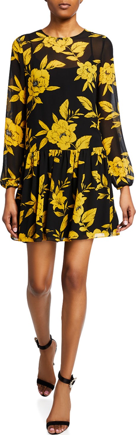Jay Godfrey Floral-Print Long-Sleeve Drop Waist Mini Dress