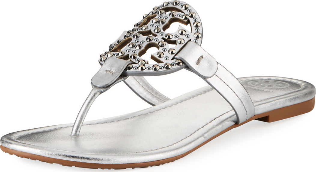 Tory Burch Miller Flat Metallic Leather Slide Sandals with Embellished Logo