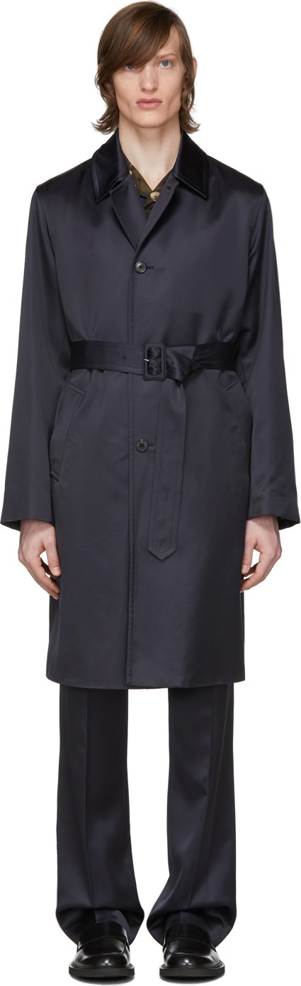 Dries Van Noten Navy Satin Long Coat