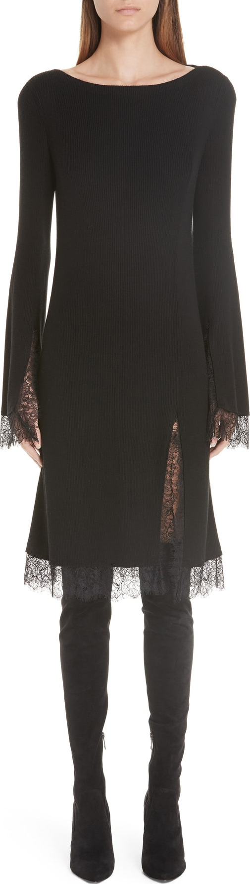 ADEAM Lace Trim Ribbed Silk Dress