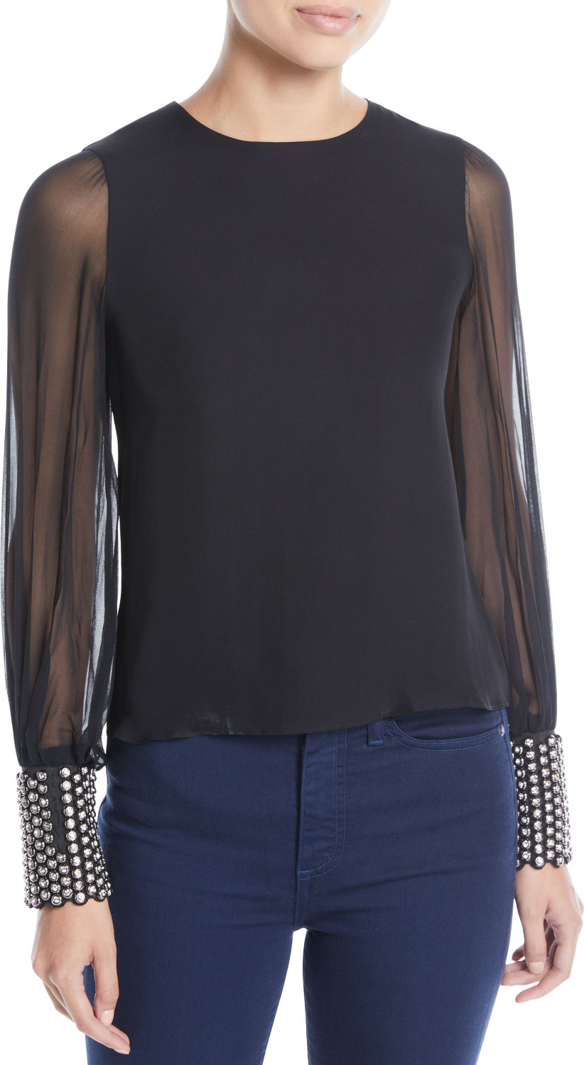 Alice + Olivia Vix Blouson-Sleeve Embellished-Cuff Top