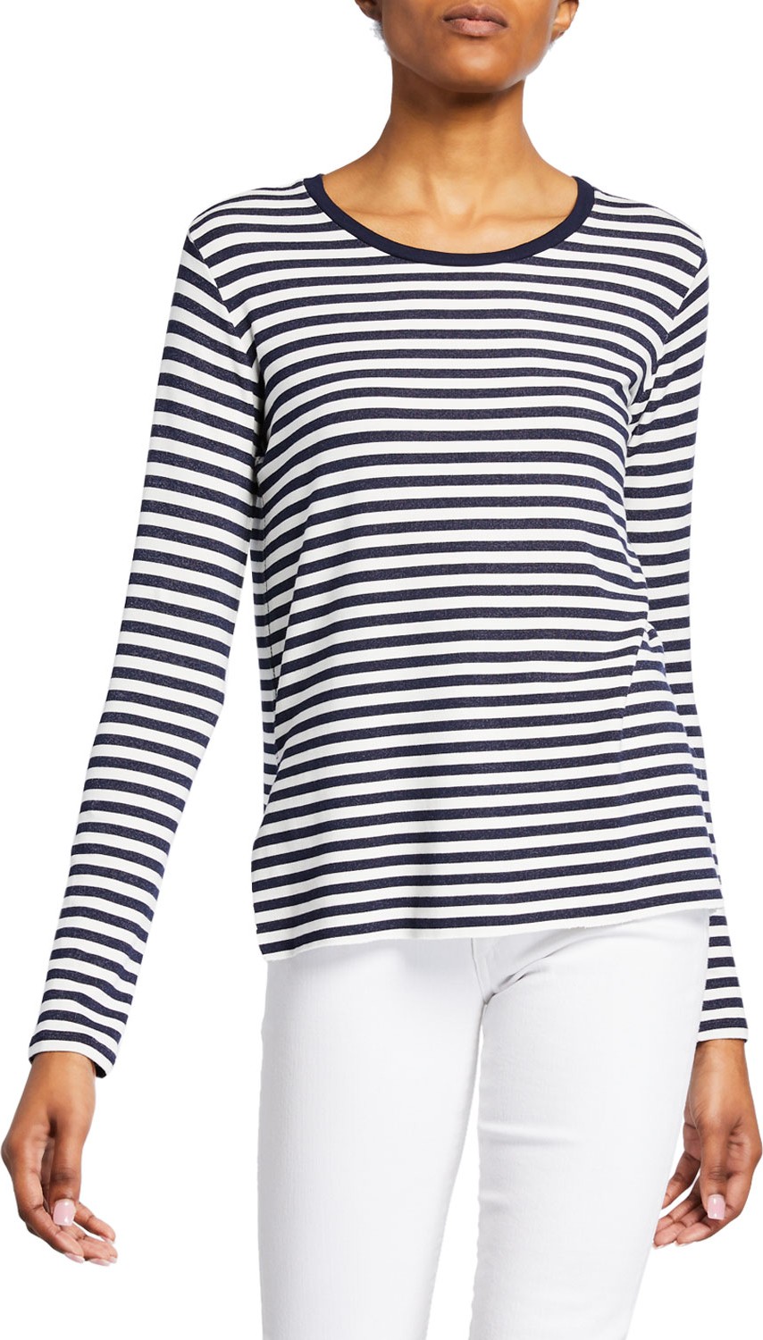 Majestic Striped French Terry Crewneck Long-Sleeve Top w/ Side Slits