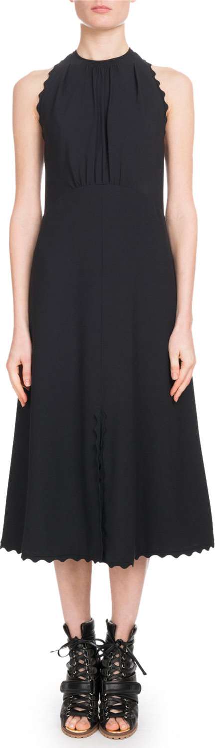 Chloe Sleeveless Halter Light-Cady Ankle-Length Dress w/ Scalloped Edges