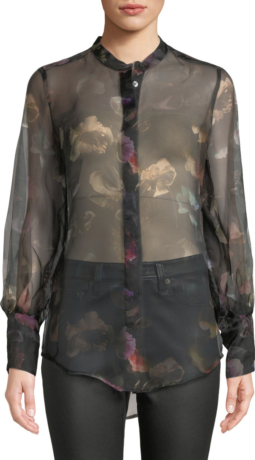 Equipment Boleyn Button-Front Floral-Print Sheer Silk Blouse