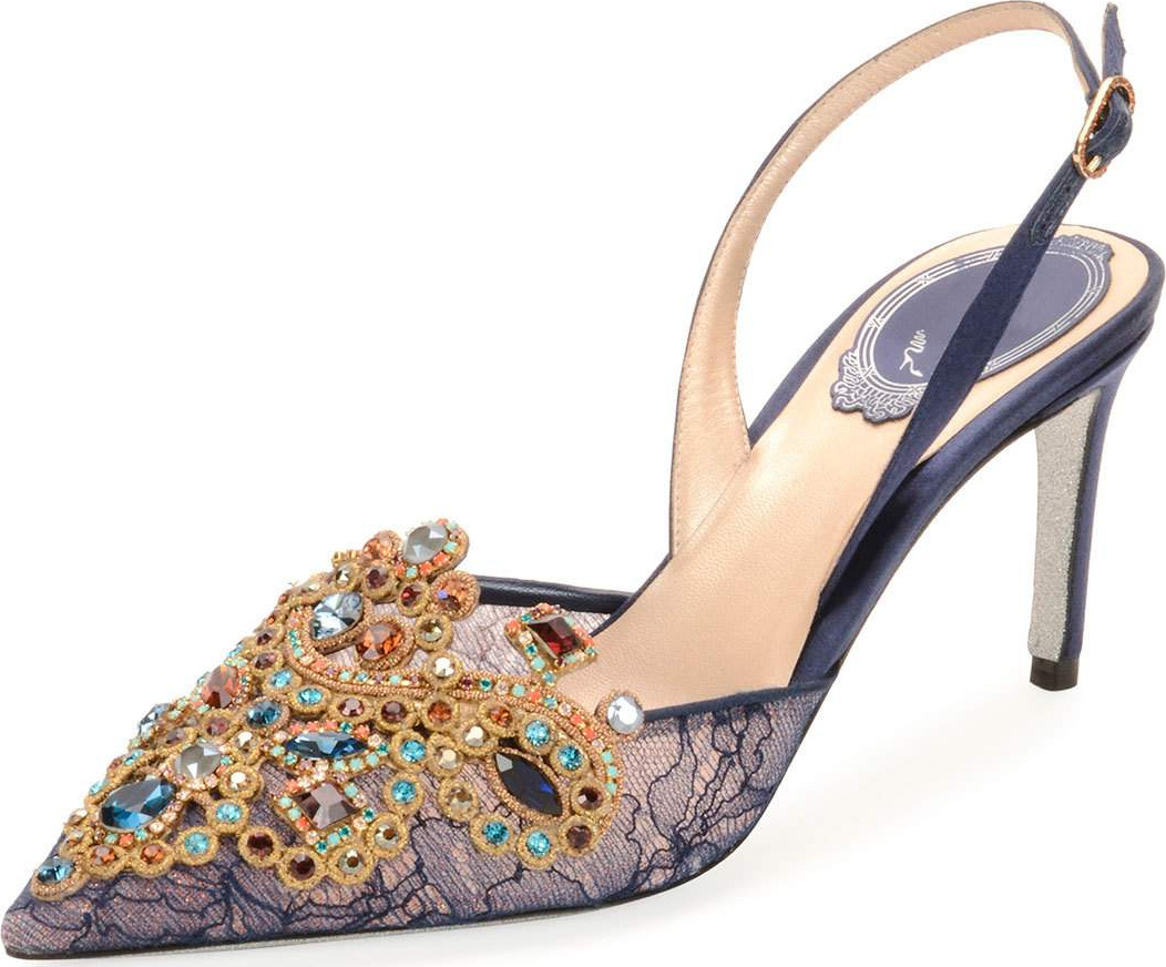 Rene Caovilla Embroidered Lace/Satin Halter Slingback Pump