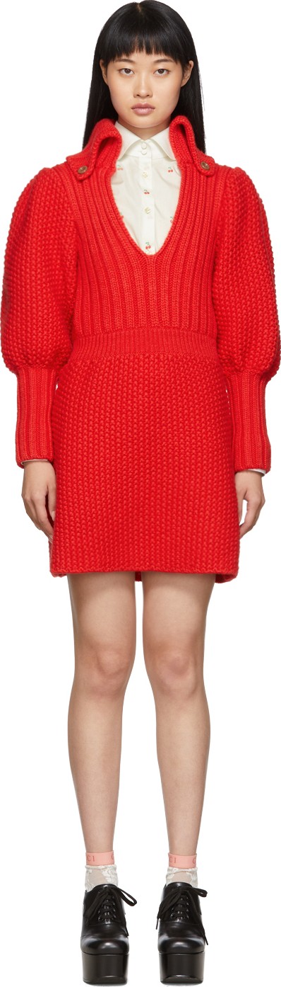 Gucci Red Knit V-Neck Dress
