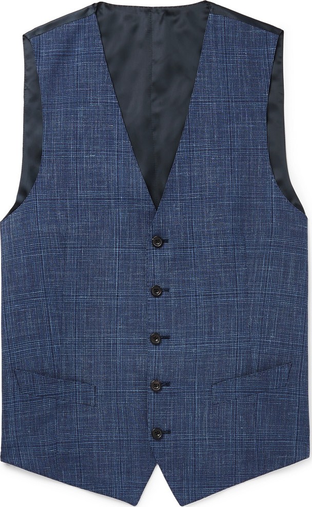 Thom Sweeney Blue Checked Wool, Silk and Linen-Blend Waistcoat