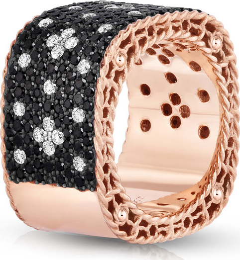Roberto Coin 18k Rose Gold Wide Venetian Princess Ring with Black Diamonds, Size 6.5