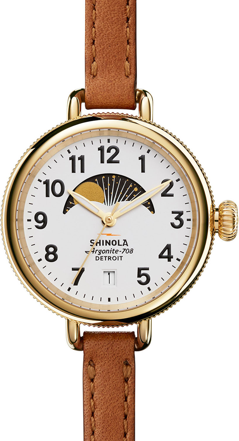 Shinola 34mm Birdy Moon Phase Watch with Leather Strap, Brown/White