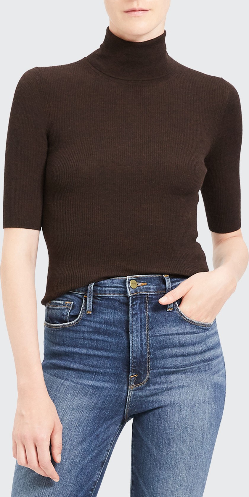 Theory Leenda Slim Regal Wool Elbow-Sleeve Turtleneck Sweater