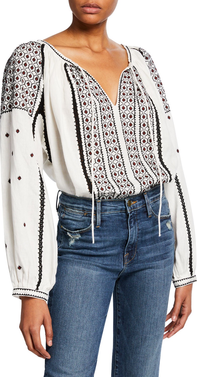 FRAME DENIM Anita Embroidered Linen Peasant Top