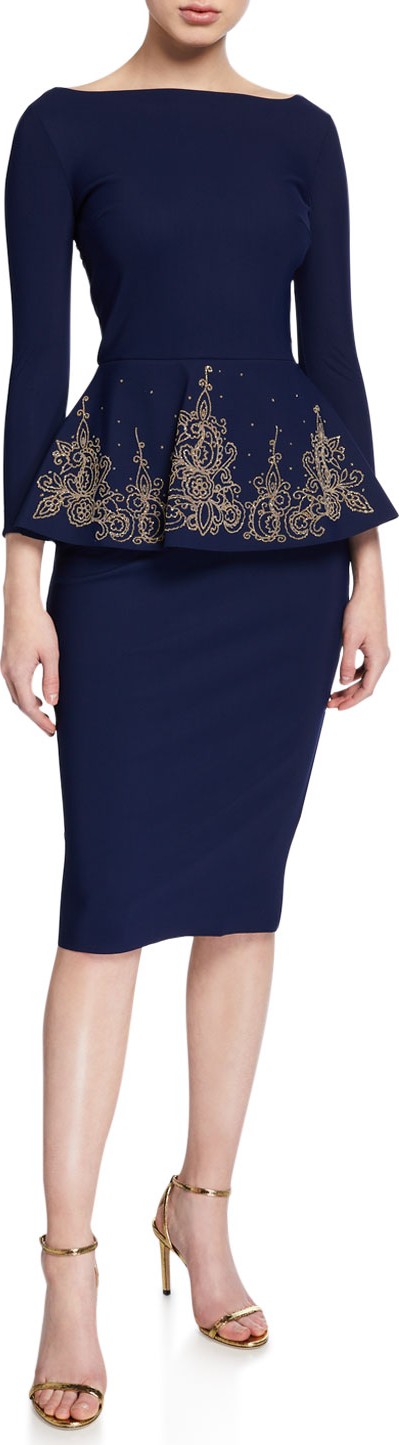 La Petite Robe di Chiara Boni Bateau-Neck 3/4-Sleeve Embroidered Peplum Dress