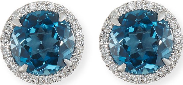 Frederic Sage 18K White Gold London Blue Topaz Diamond Halo Stud Earrings