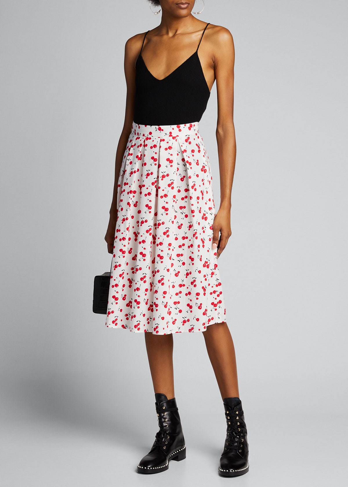 HVN Hope Cherry-Print Pleated Cotton Skirt