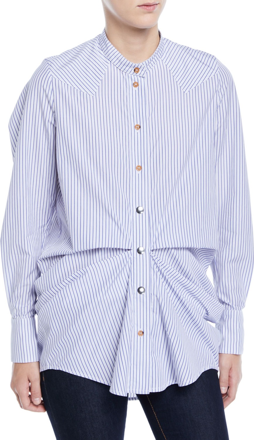 Victoria / Tomas Gathered Striped High-Low Button-Down Shirt
