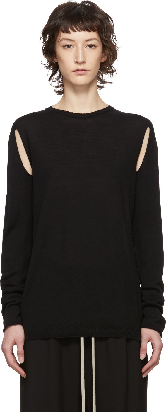 Rick Owens Black Wool Cape Sleeve Crewneck Sweater