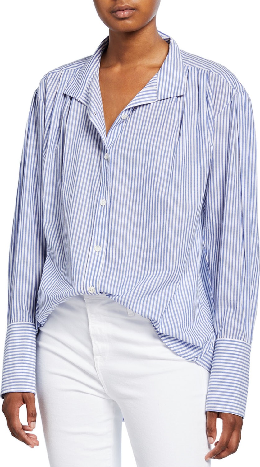 FRAME DENIM Pleated Clean-Collared Striped Shirt