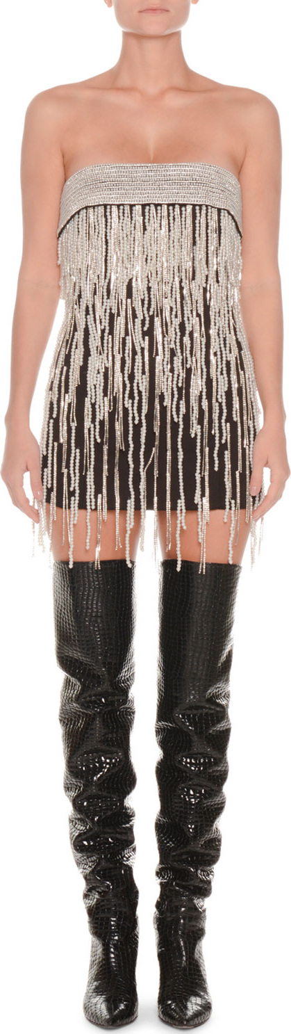 Attico Strapless Crystal-Beaded & Pearlescent Fringe Satin Mini Cocktail Dress