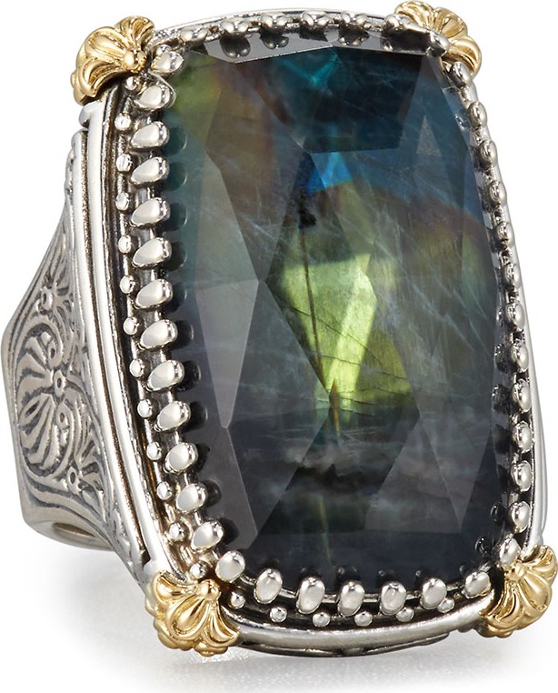 Konstantino Crystal Quartz Over Spectrolite Ring in Carved Sterling Silver