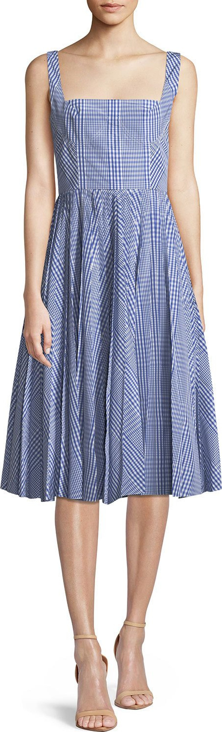 Lela Rose Square-Neck Sleeveless Plaid Fit-and-Flare Dress