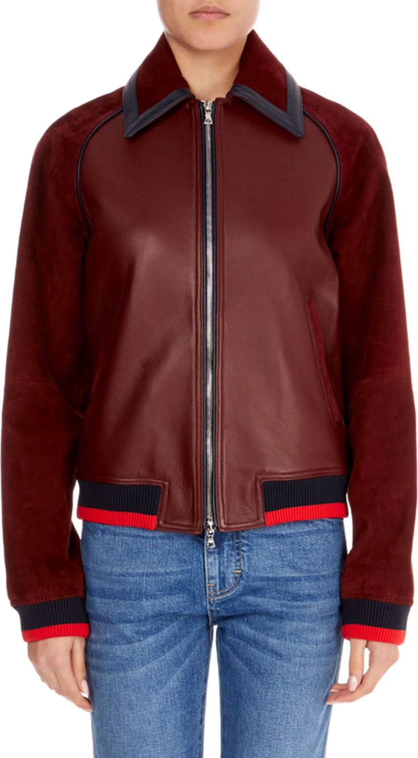 VICTORIA, VICTORIA BECKHAM Zip-Front Leather Bomber Jacket w/ Ribbed Hem & Cuffs
