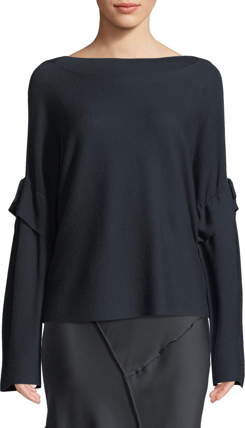 Vince Tie-Sleeve Boat-Neck Wool Sweater Top