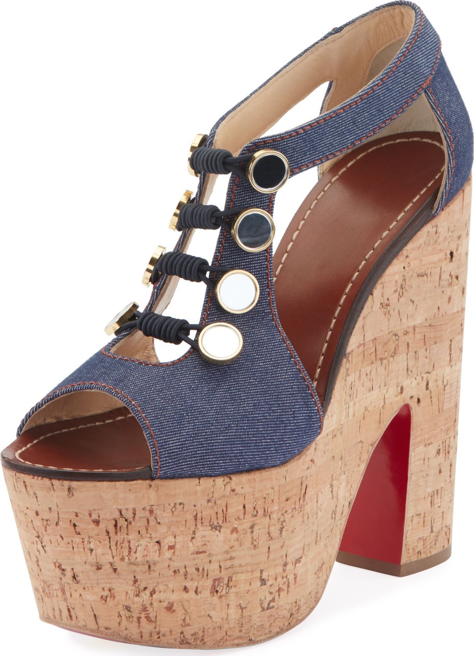 Christian Louboutin Ordonanette 160 Denim Platform Red Sole Sandals