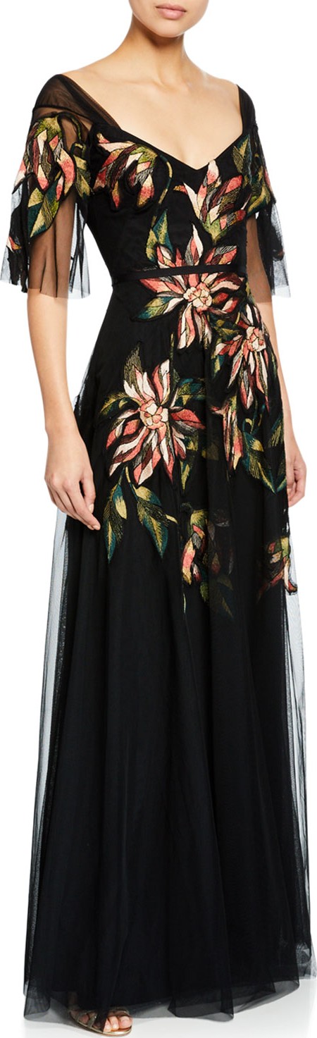 Marchesa Notte V-Neck Half-Sleeve Floral Embroidered Tulle A-Line Gown