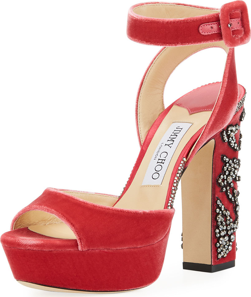 Jimmy Choo Juliet 120mm Velvet Platform Sandal with Peony Crystal