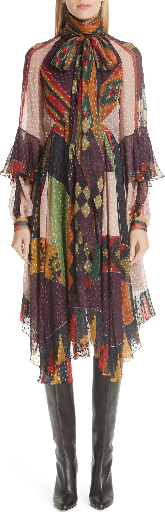 Etro Print Silk Blend Midi Dress with Removable Scarf