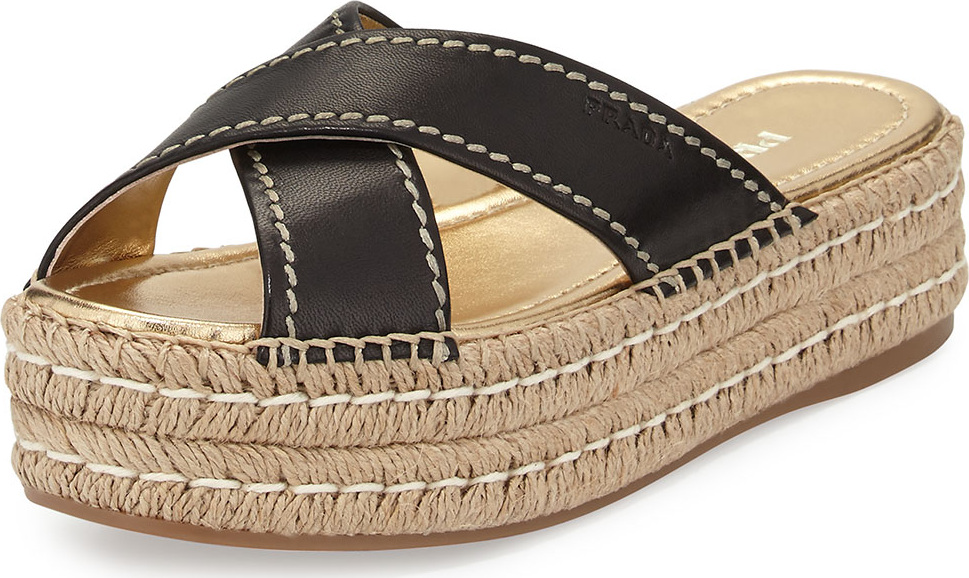 Prada Leather Crisscross Espadrille Slide Sandal