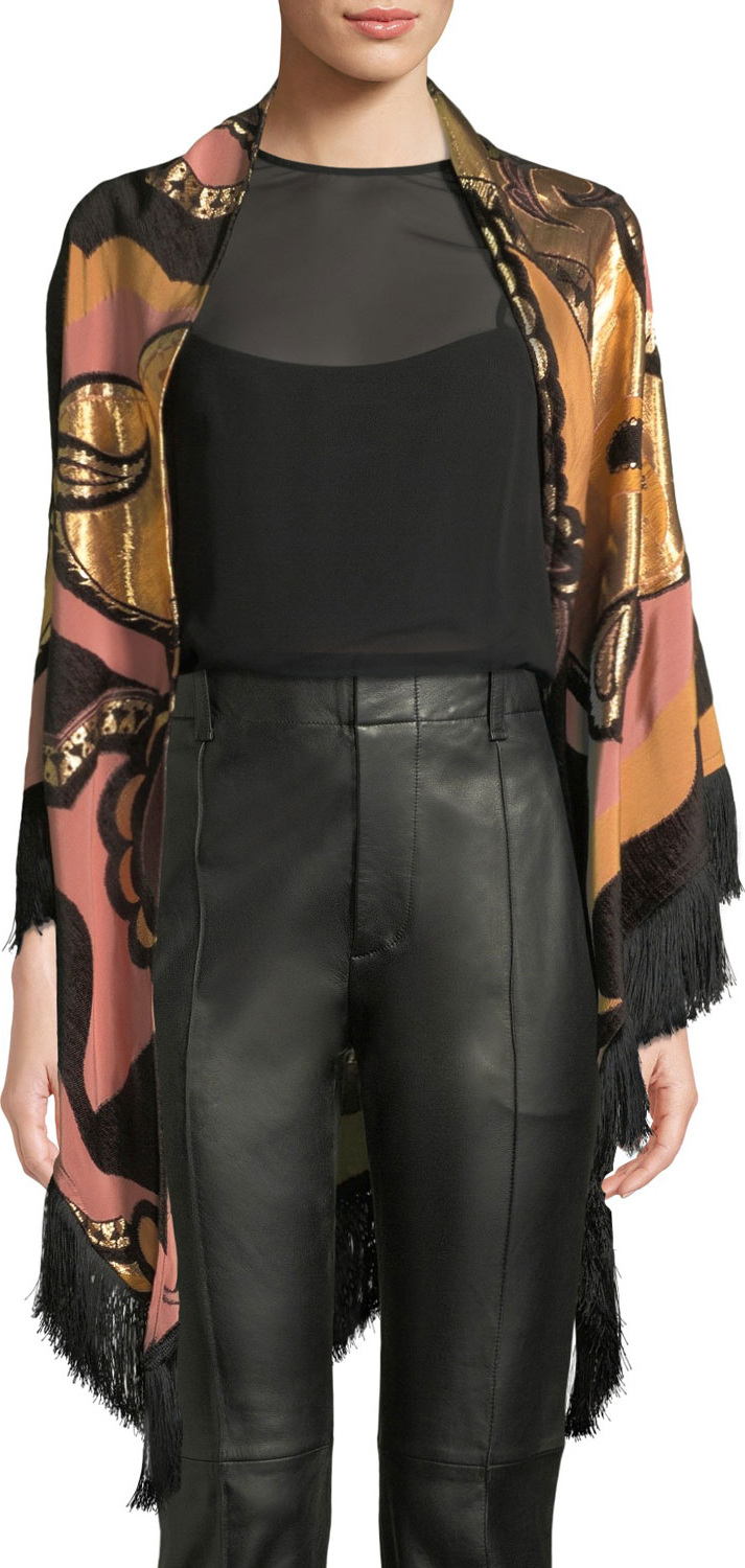 Etro Metallic Paisley Evening Wrap w/ Fringe Trim