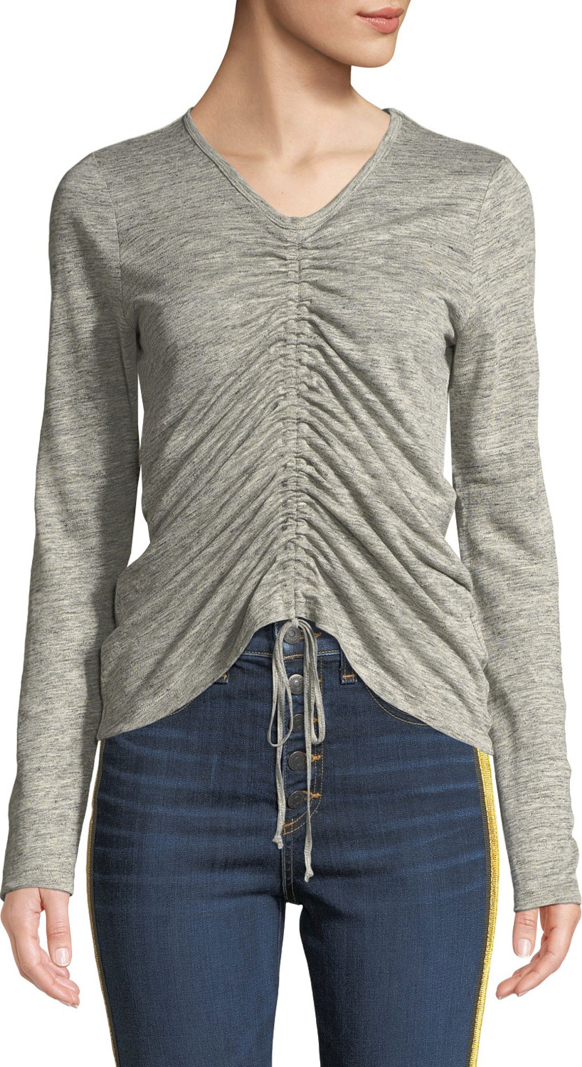 Veronica Beard Luci Linen Drawstring Long-Sleeve Top