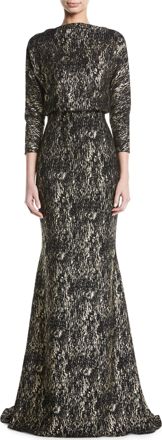 Badgley Mischka Foiled Long-Sleeve Gown w/ Blouson Bodice