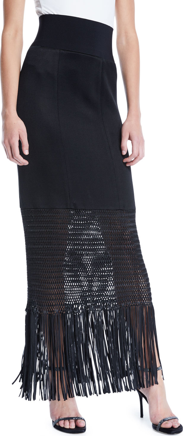 Galvan Vesper High-Shine Knit Jersey Long Skirt w/ Fringe Hem