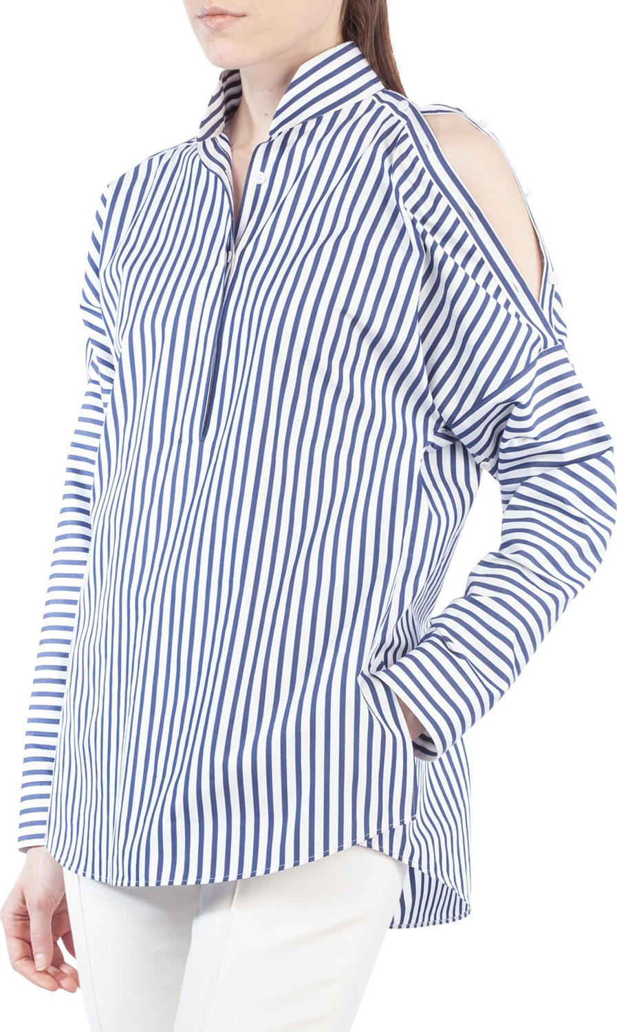 Akris Punto Striped Button-Shoulder Cotton Blouse